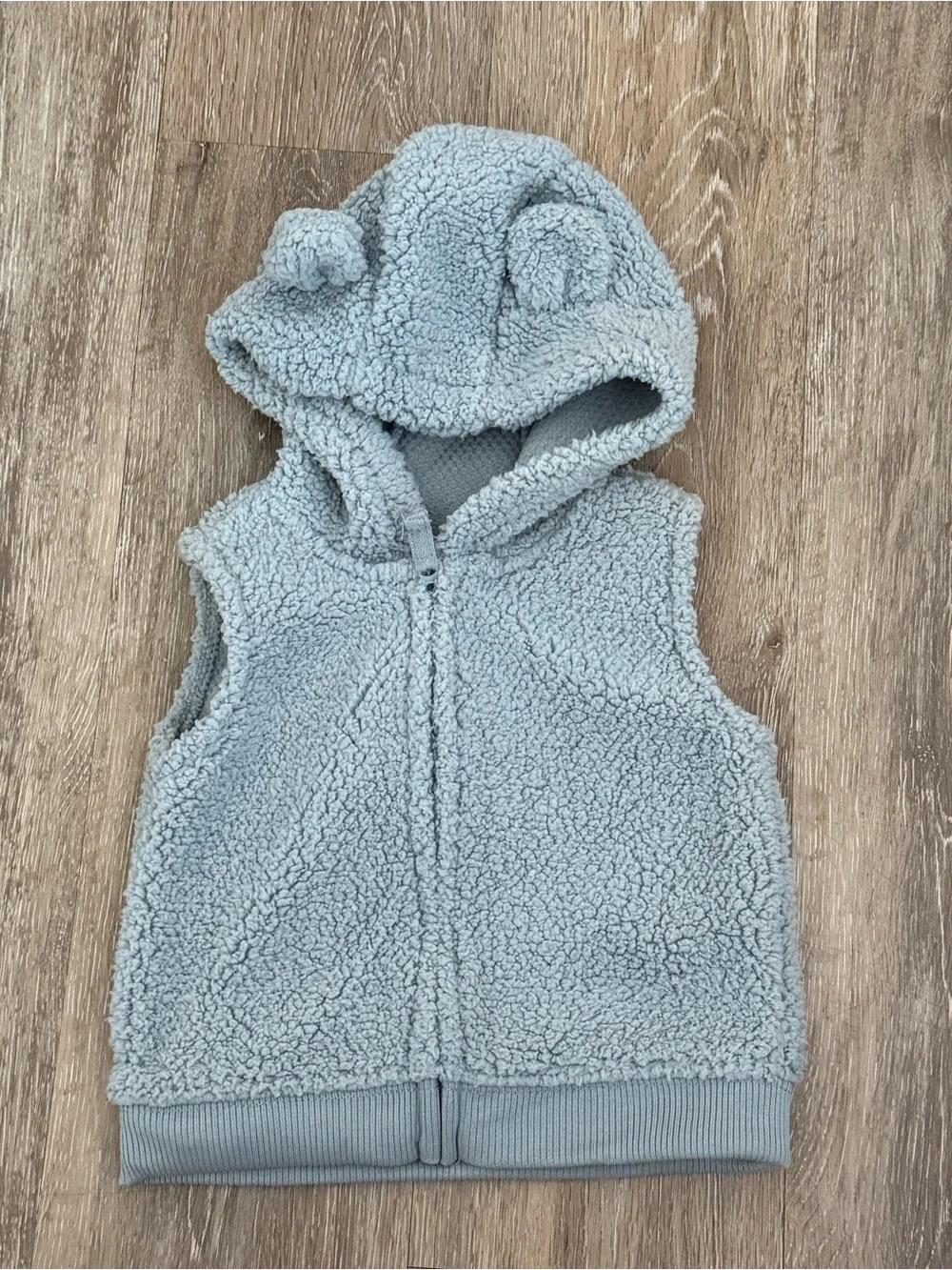 Carters Baby Boy Teddy Fleece Hooded Vest 3D Ears Blue Gray Full Zip 9M